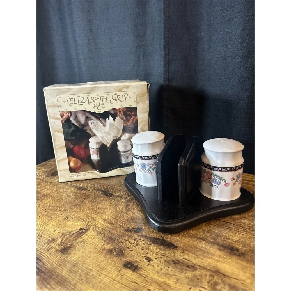 Ceramic Salt & Pepper Shakers W/ Napkin Holder Elizabeth Gray Vtg JCPenney Sango